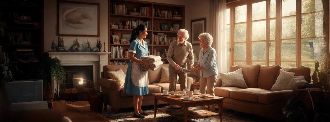 Familia española feliz junto a su empleada doméstica filipina en el salón del hogar